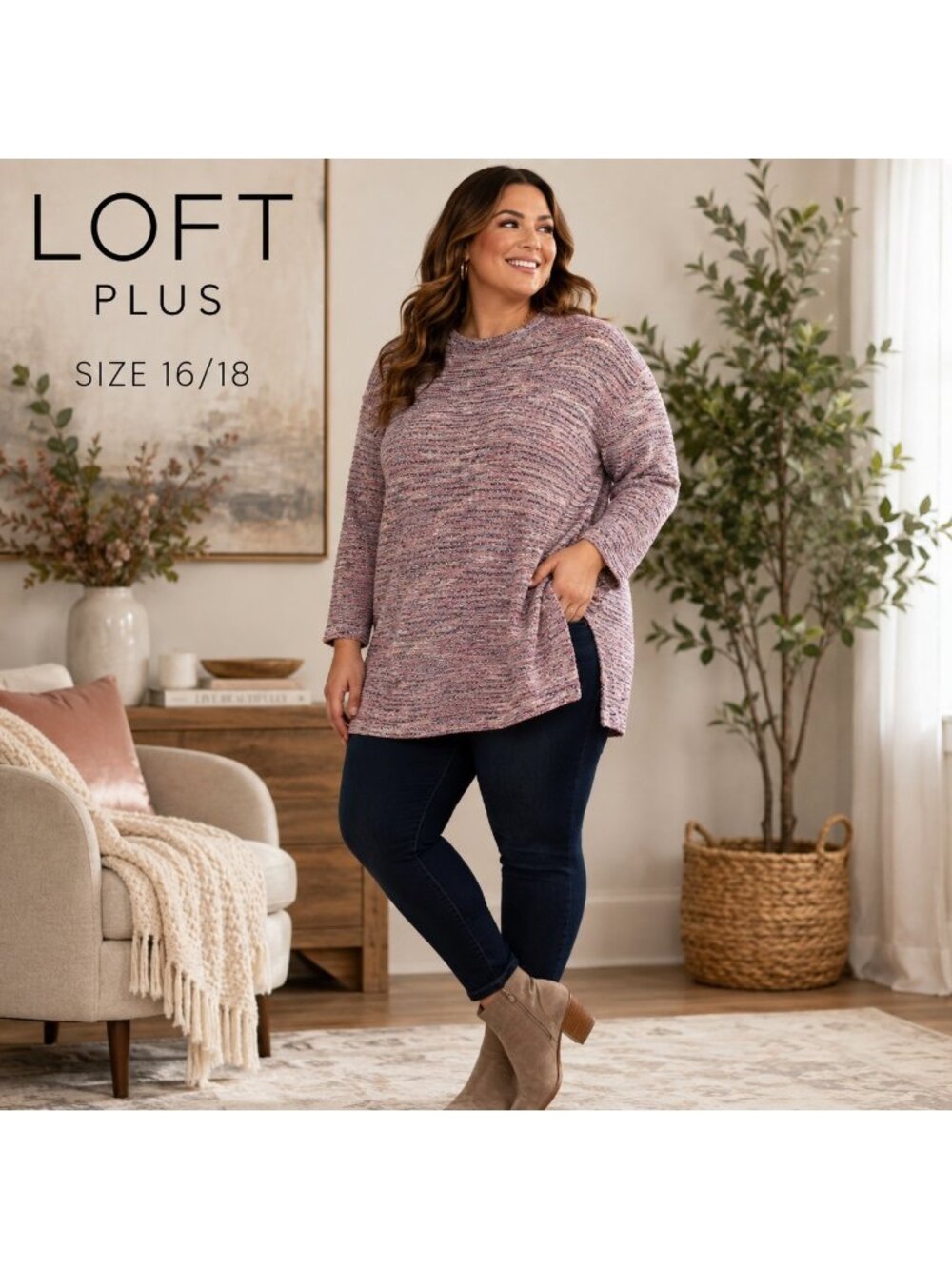 NWT LOFT Plus Sweater 16/18 Mauve Marled Knit Tunic Side Slit Pullover